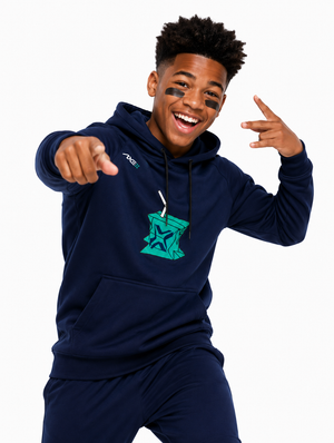 Young ballplayer wearing the navy youth Hit Juice Axe Scuba Hoodie with the teal juice box graphic on the chest.