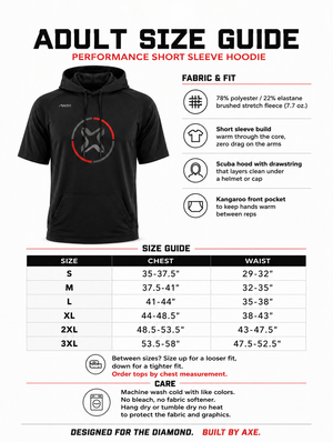 Adult sizing guide for the black Fury Bravo Axe Short Sleeve Scuba Hoodie, with a chest and waist size chart from Small to 3XL plus fabric and care details.