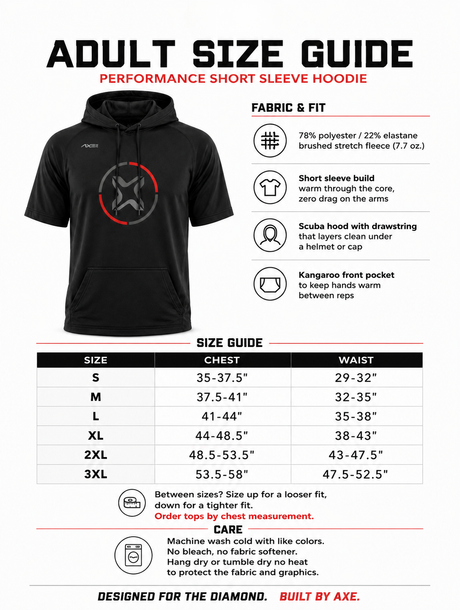 Adult sizing guide for the black Fury Bravo Axe Short Sleeve Scuba Hoodie, with a chest and waist size chart from Small to 3XL plus fabric and care details.