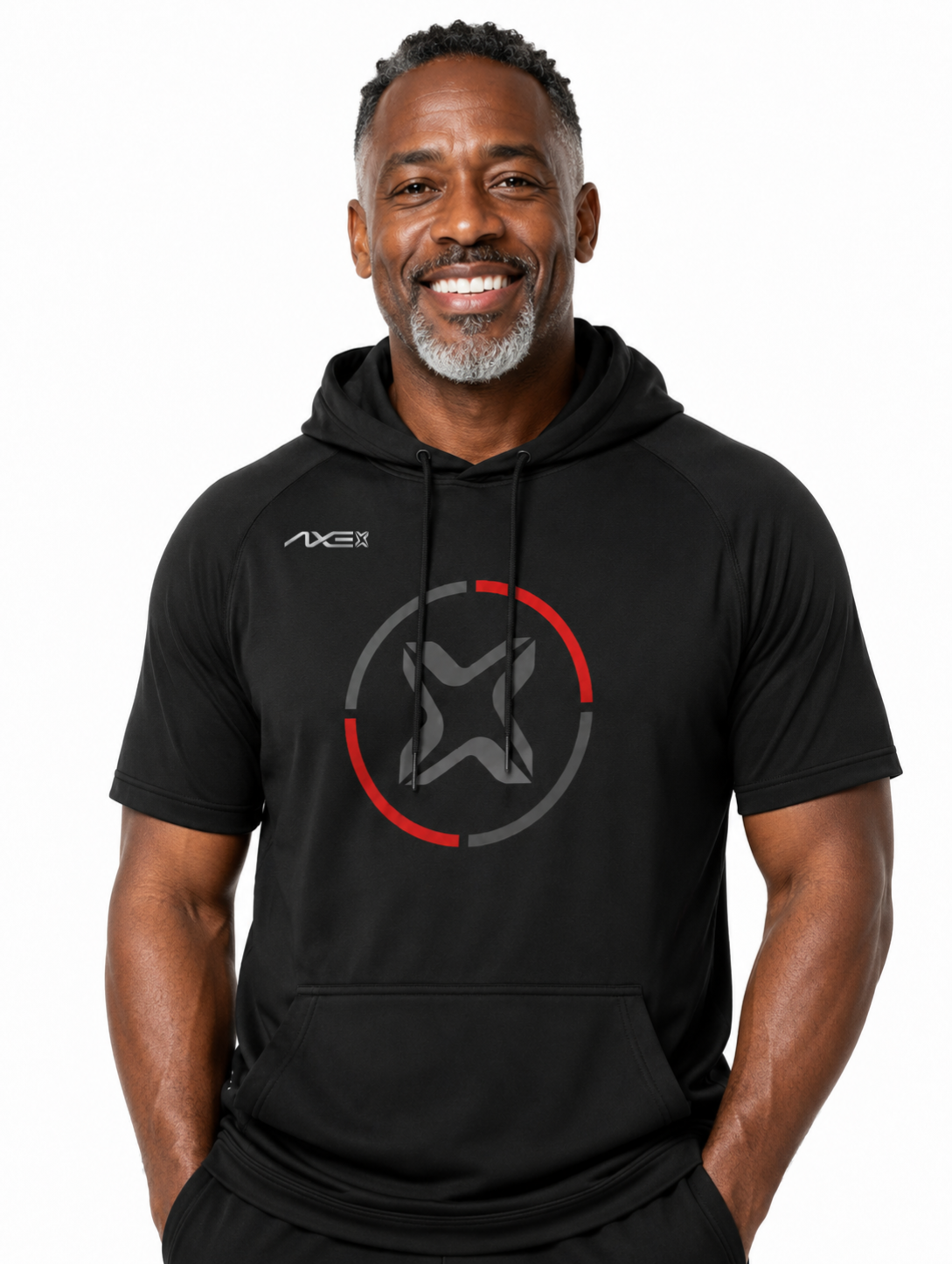 Man wearing the black Fury Bravo Axe Short Sleeve Scuba Hoodie with the charcoal Axe X emblem ringed in red and gray on the chest.