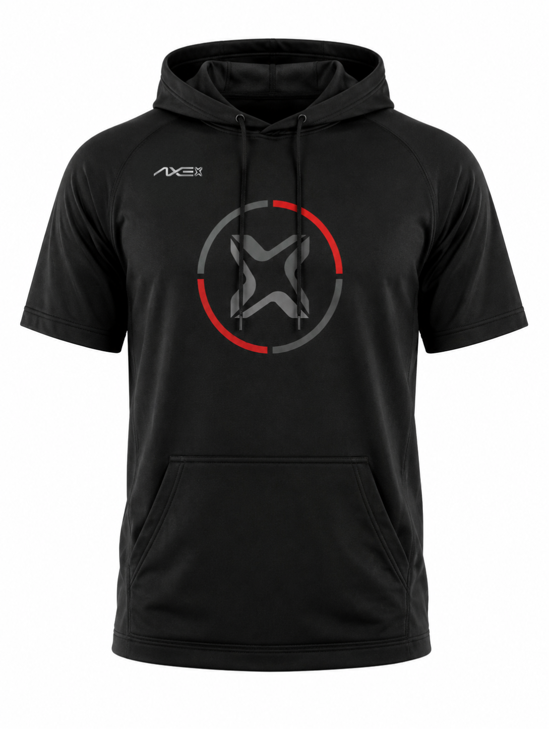Black youth Fury Bravo Axe Short Sleeve Scuba Hoodie shown flat, with the charcoal Axe X emblem ringed in red and gray on the chest and the AXE lockup at the right chest.