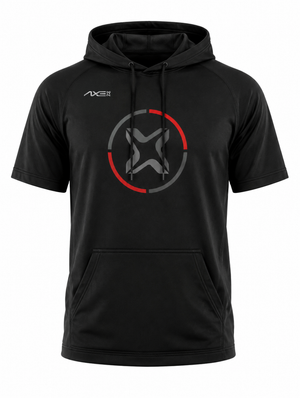 Black youth Fury Bravo Axe Short Sleeve Scuba Hoodie shown flat, with the charcoal Axe X emblem ringed in red and gray on the chest and the AXE lockup at the right chest.