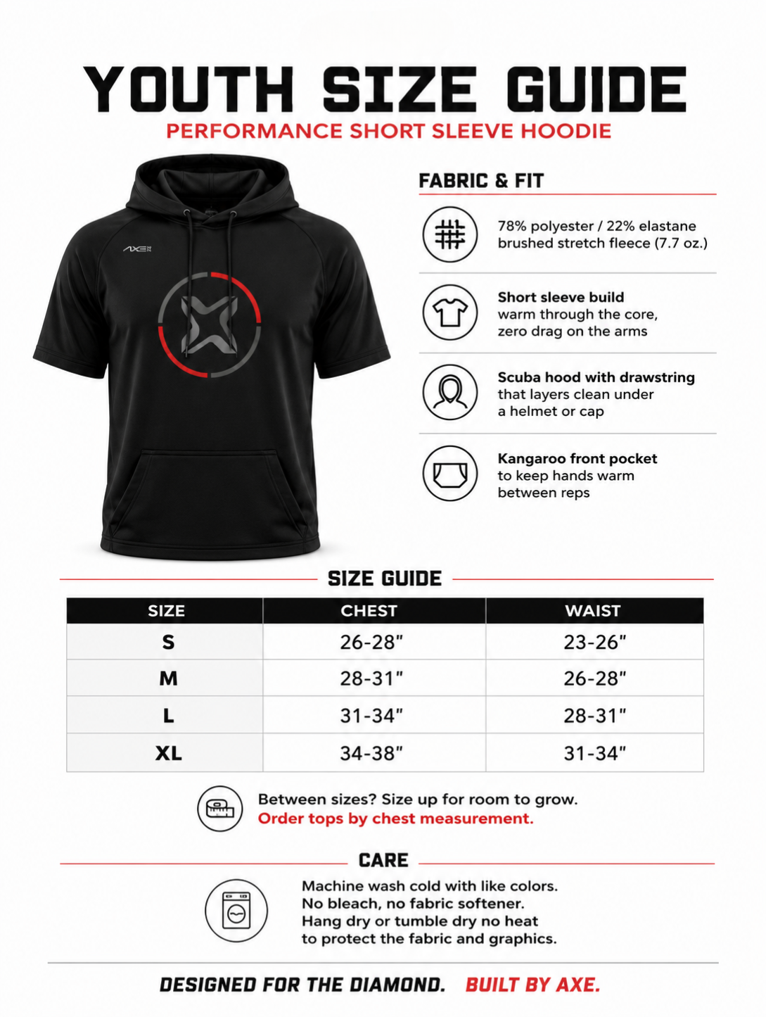 Youth sizing guide for the black Fury Bravo Axe Short Sleeve Scuba Hoodie, with a chest size chart from Youth Small to Youth XL plus fabric and care details.