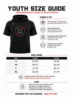 Youth sizing guide for the black Fury Bravo Axe Short Sleeve Scuba Hoodie, with a chest size chart from Youth Small to Youth XL plus fabric and care details.