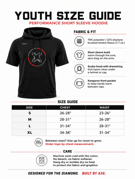 Youth sizing guide for the black Fury Bravo Axe Short Sleeve Scuba Hoodie, with a chest size chart from Youth Small to Youth XL plus fabric and care details.
