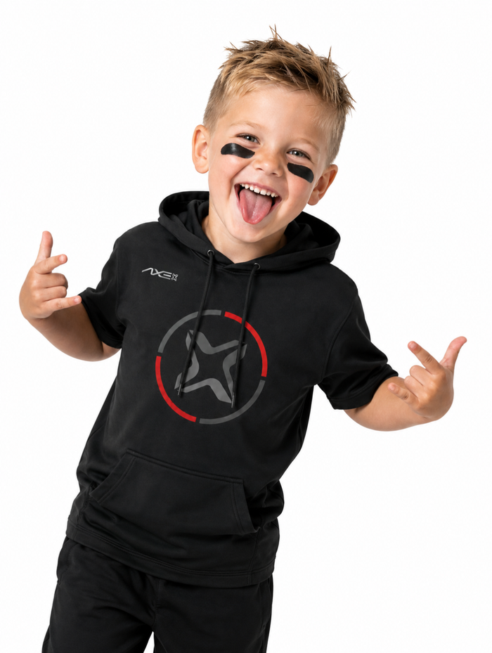 Young ballplayer wearing the black youth Fury Bravo Axe Short Sleeve Scuba Hoodie with the charcoal Axe X emblem ringed in red and gray on the chest.