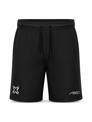 Black youth Axe Training Shorts shown flat, with the white Axe X mark at the left hem, the AXE wordmark at the right and a black drawstring.