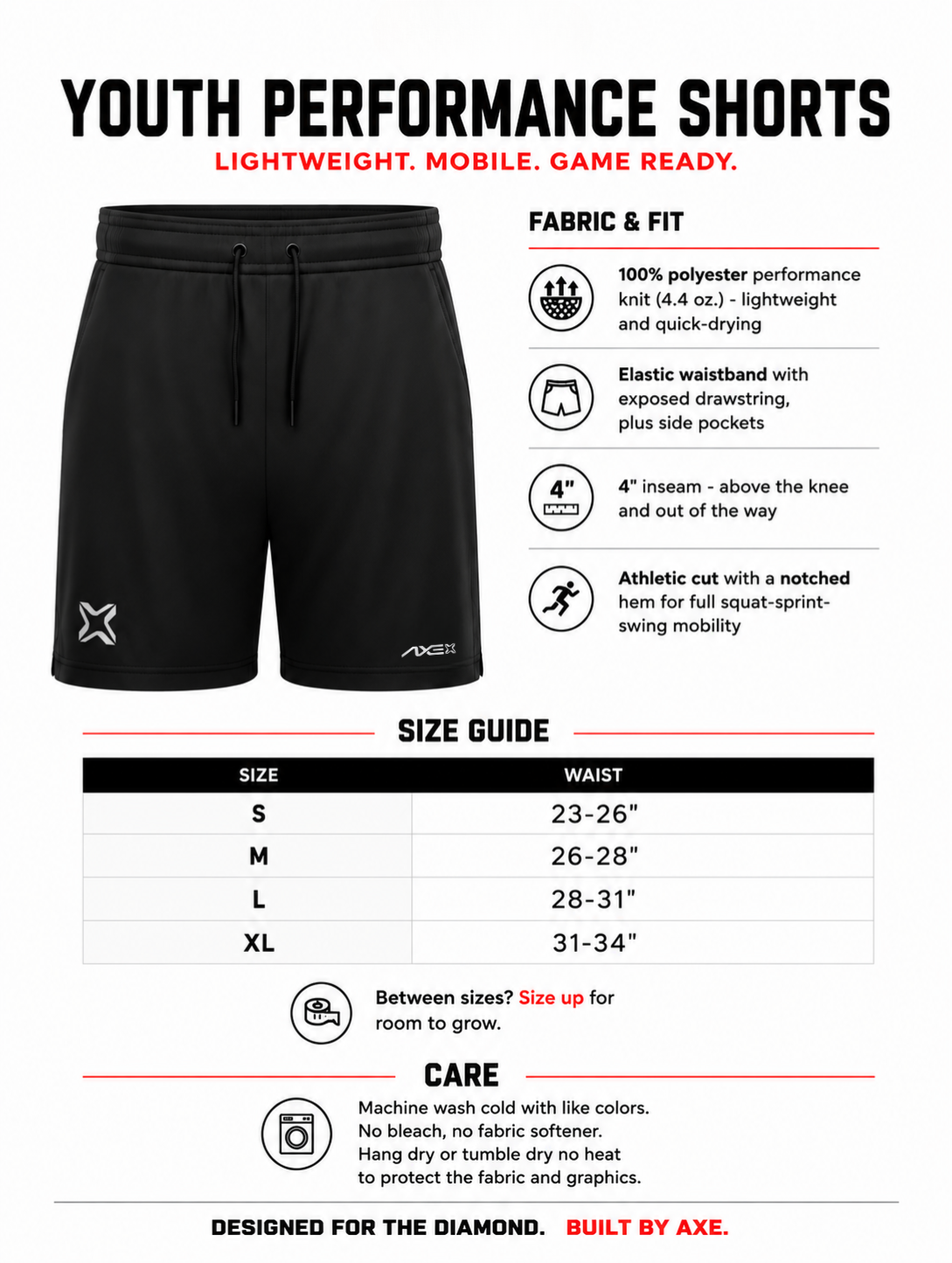 Youth sizing guide for the black Axe Training Shorts, with a waist size chart plus fabric, inseam and care details.