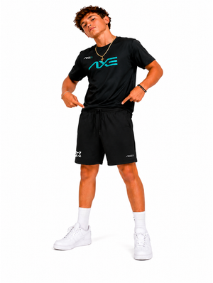 Young ballplayer wearing black youth Axe Training Shorts with the white Axe X mark at the left hem, paired with a matching black Axe performance tee.