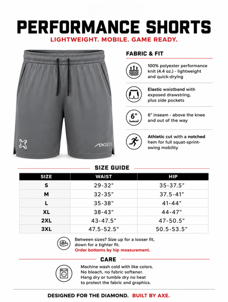Adult sizing guide for the gray Axe Training Shorts, with a waist and hip size chart plus fabric, 6-inch inseam and care details.