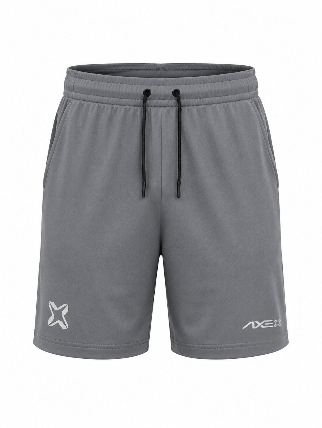Gray youth Axe Training Shorts shown flat, with the white Axe X mark at the left hem, the AXE wordmark at the right and a black drawstring.