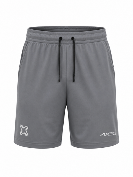 Gray youth Axe Training Shorts shown flat, with the white Axe X mark at the left hem, the AXE wordmark at the right and a black drawstring.