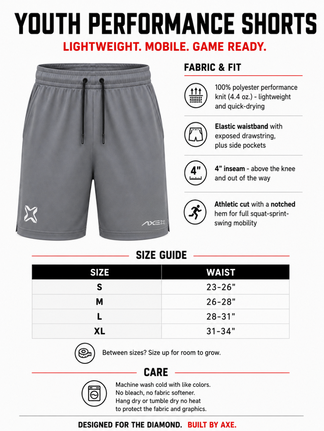 Youth sizing guide for the gray Axe Training Shorts, with a waist size chart plus fabric, inseam and care details.