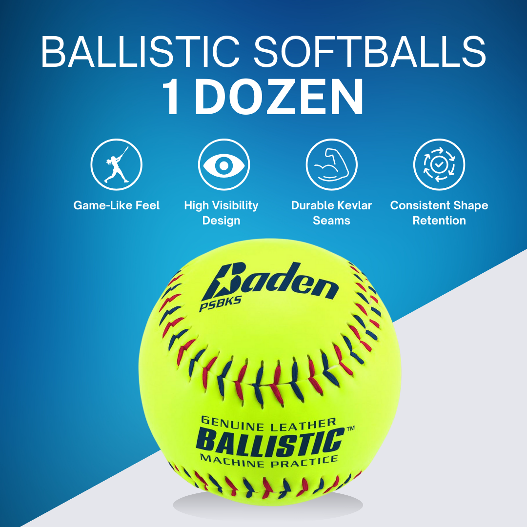 Ballistic Softballs, leather pitching machine practice ball with Kevlar seam, 1 dozen - view 3.