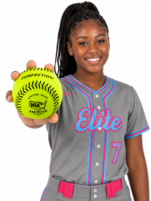 Girls fastpitch softball player holding Baden NSA leather fastpitch softballs