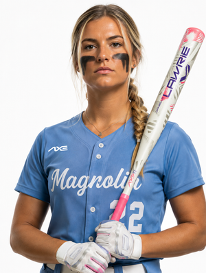 Girls fastpitch softball player in Axe custom uniform holding the Axe Danielle Lawrie fastpitch bat
