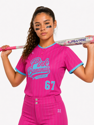 Girls fastpitch softball player in Axe custom uniform holding the Axe Danielle Lawrie fastpitch bat