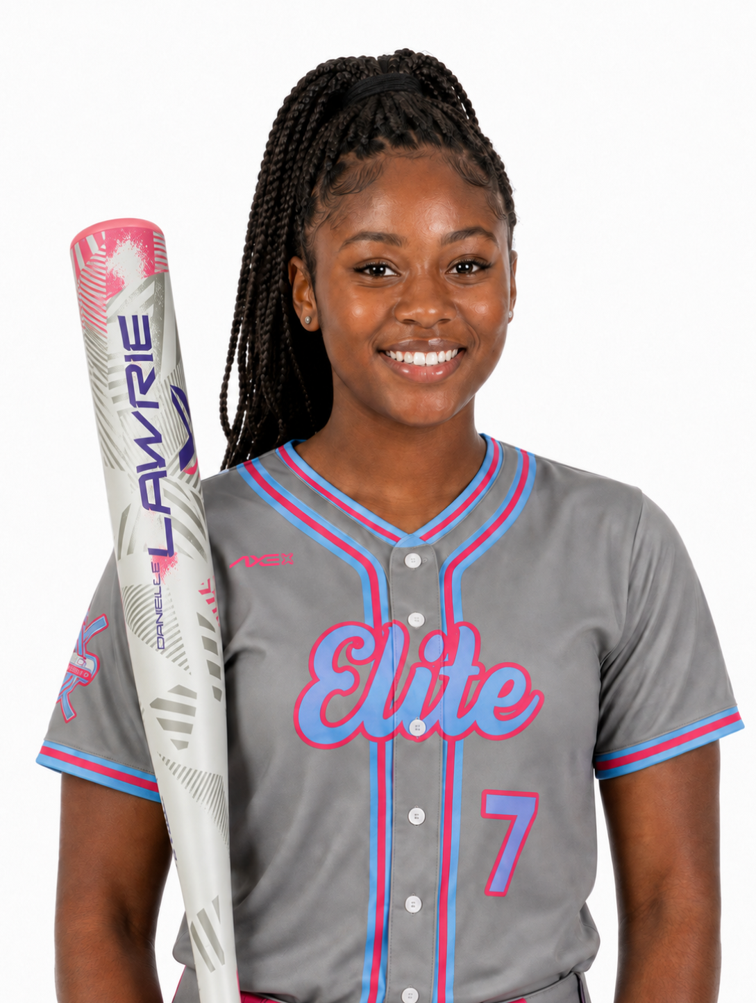 Girls fastpitch softball player in Axe custom uniform holding the Axe Danielle Lawrie fastpitch bat
