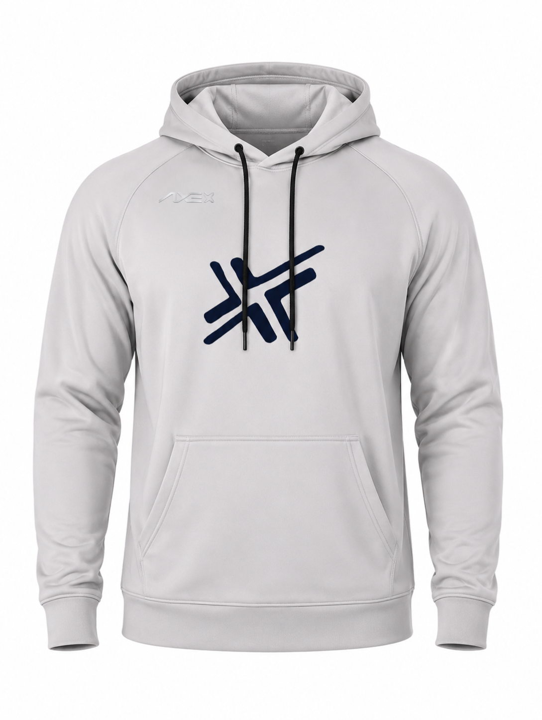 A light gray pullover hoodie with black drawstrings and a dark navy blue abstract geometric logo printed on the center chest. The hoodie features a kangaroo pocket and ribbed cuffs and hem, shown against a plain white background.