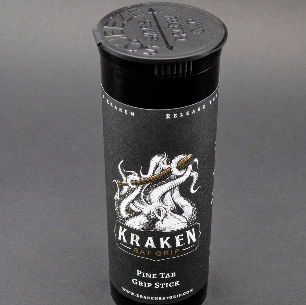 Kraken Pine Tar Grip Stick, pop top angled view.